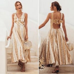 cult gaia angela striped linen open back ratan buckle midi summer sun dress
